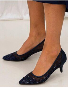 XYD Navy Pointed Closed Toe Slip On Graceful Mesh Pumps Rhinestone Studs Shoes